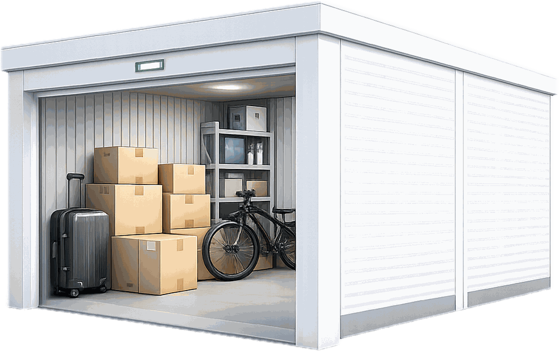 Wnętrze boksu self storage RiverBox.pl — kartony, walizka i rower